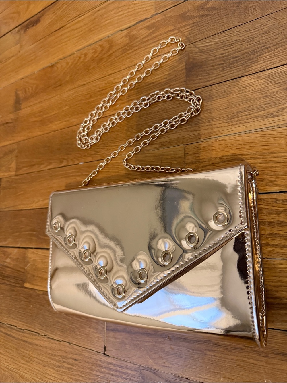 Gianni Bini Shiny Metallic Rose Gold Envelope Clutch w/ Removable Chain Strap